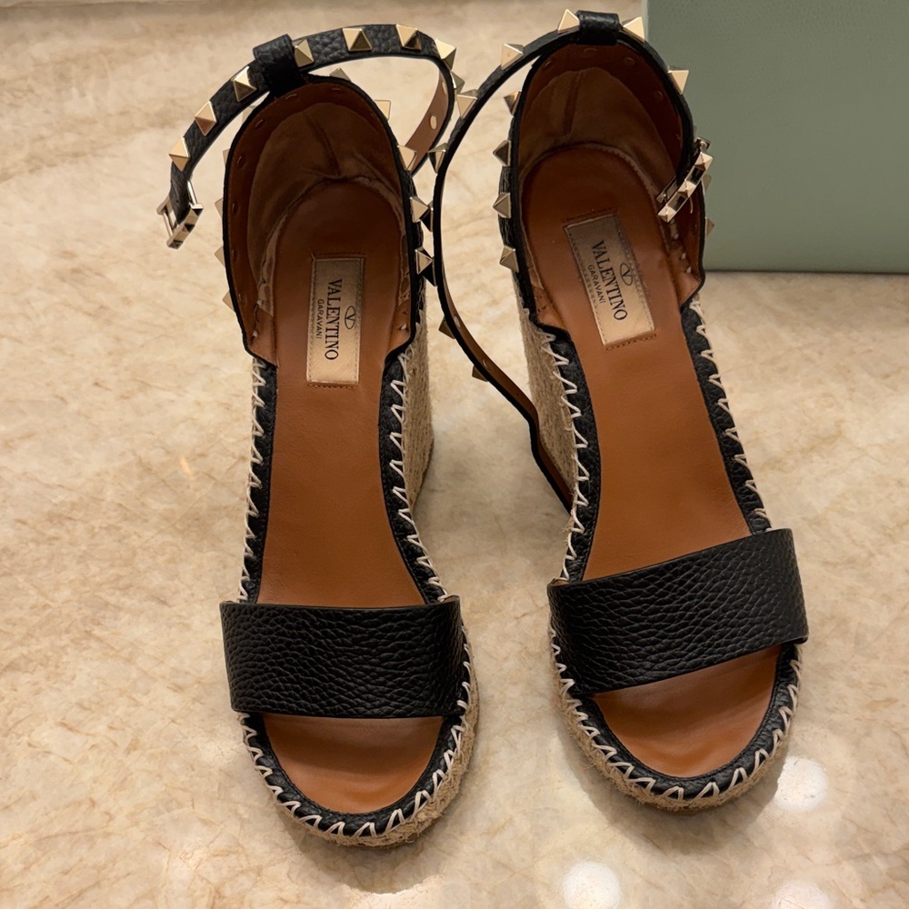 Valentino Black Leather Rockstud Espadrille Wedge Sandals with size 37